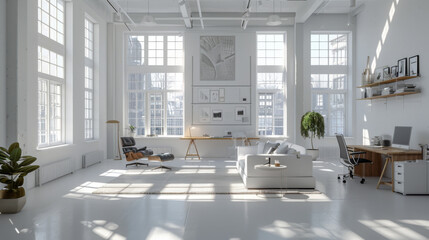 modern and minimalistic bright loft office in white tones, daylight