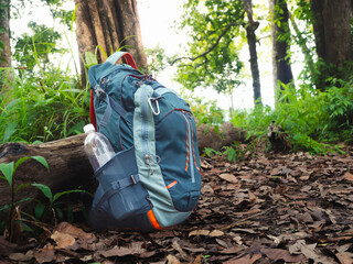 Close-up of blue hiking backpack, lying on the ground in forest. Backpack has clear plastic water bottle in the side pocket and is surrounded by lush green foliage and fallen leaves. 