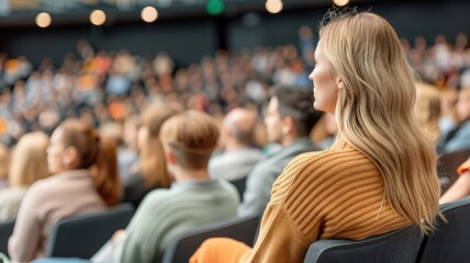 A diverse audience listens intently to a motivational speaker on an inspiring stage.