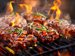 3D rendering Grilled meat on barbecue grill, Summer outdoor cooking concept, Delicious barbecue ribs on grill, Juicy steak cooking on BBQ, Grilled food preparation