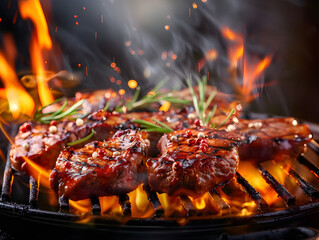3D rendering Grilled meat on barbecue grill, Summer outdoor cooking concept, Delicious barbecue ribs on grill, Juicy steak cooking on BBQ, Grilled food preparation