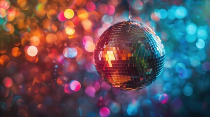 A disco ball is hanging from a string in a colorful background