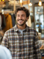 Obraz premium A man with a plaid shirt and a smile on his face