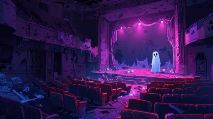 A dark and creepy scene of a theater with a ghost on stage