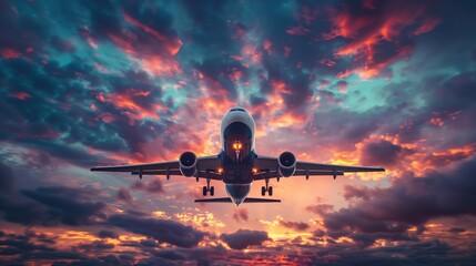 A plane is flying through a cloudy sky with a beautiful sunset in the background