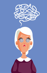 Senior Woman Feeling Dizzy and Puzzled Vector Cartoon. Unhappy elderly lady feeling nauseated trying to think
