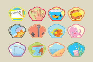 Fototapeta premium Shell-shaped icon button about life in the sea