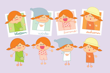 Various weather girls. Girls in different clothes blossom, winter, summer and autumn vector set