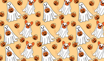 Naklejka premium dogs ghost halloween seamless background pattern happy Halloween 