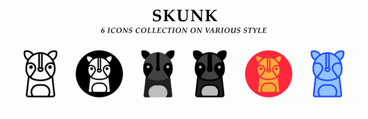 Skunk icons collection. 6 Various styles. Lineal, solid black, flat, lineal color and gradient. For sign, symbol, presentation, infographic or web graphics. Vector Illustration.