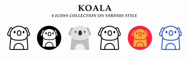 Koala icons collection. 6 Various styles. Lineal, solid black, flat, lineal color and gradient. For sign, symbol, presentation, infographic or web graphics. Vector Illustration.