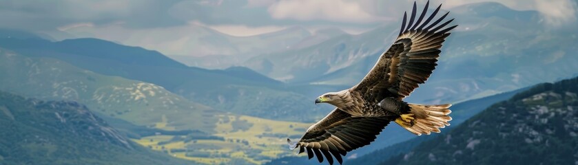 Majestic eagle soaring over a mountainous landscape, panoramic view, Fauna, Aerial Majestycopy space for text, focus cover all object, deep dept of filed
