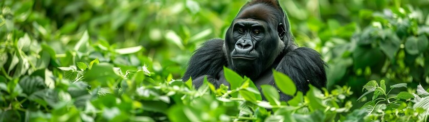 Obraz premium Gorillas lounging in a dense jungle, lush greenery all around, Fauna, Jungle Giantscopy space for text, focus cover all object, deep dept of filed