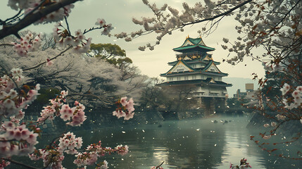 Obraz premium Osaka Castle among beautiful cherry trees, no people. Generative AI illustration 
