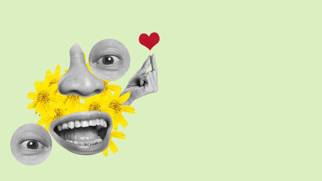 A man's face is made up of yellow flowers and a red heart - Powered by Adobe