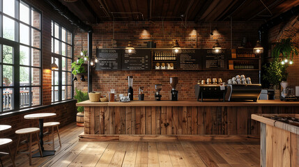 cozy caf&eacute; interior, oak flooring, brick and wood walls, 