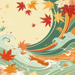 Japanese autumn motifs, maple leaves and waves, flat design illustration