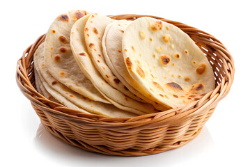 Tasty homemade tortillas in wicker basket isolated on white background, Clipping path