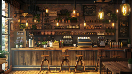 cozy café interior, oak flooring, brick and wood walls, 