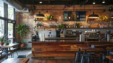 cozy café interior, oak flooring, brick and wood walls, 