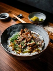Delicious Japanese Curry Rice Bowl with Beef and Vegetables on Wooden Table Background