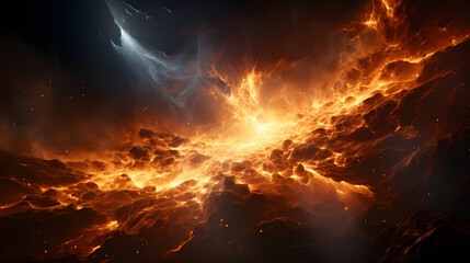 A fiery landscape with molten lava flowing across a craggy terrain, glowing with intense heat and casting a dramatic shadow across the scene.