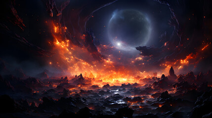 A fiery, volcanic landscape with a glowing, dark moon and a bright star in the background, creating a dramatic scene.