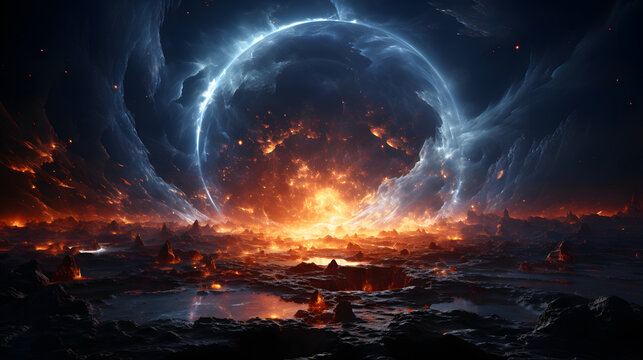 A fiery and celestial landscape with a glowing orb in the center, surrounded by a ring of blue light and rocky terrain. The scene is both beautiful and dangerous. - Powered by Adobe