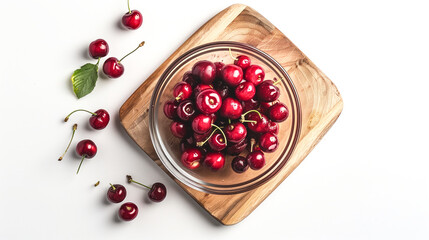 Cherry pieces filled in bowl placed on chopping board, fresh cherries outside, top angle