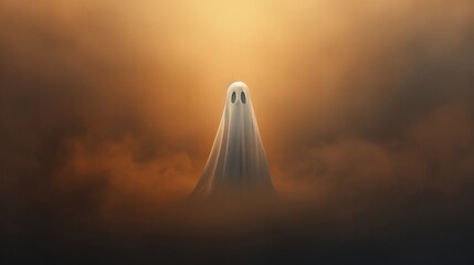 A ghost with a sad expression, floating above a deserted village, watercolor, somber tones