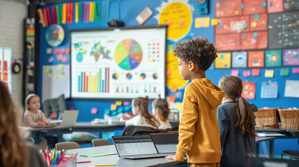 Students engaging in a colorful classroom with a digital presentation and laptops, fostering interactive learning and modern education.
