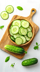 Cucumber slices filled in bowl placed on chopping board, fresh cucumbers outside, top angle
