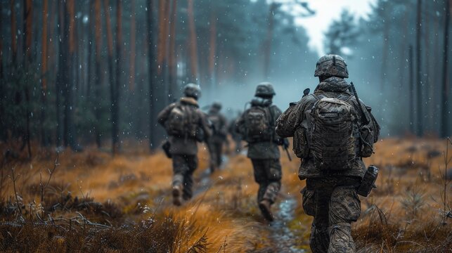 Soldiers in camouflage uniforms patrol through a misty forest during a military exercise, showcasing unity and teamwork in challenging terrain.