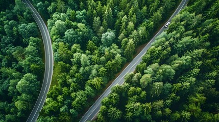 Aerial View of a Winding Road through a Lush Green Forest Landscape