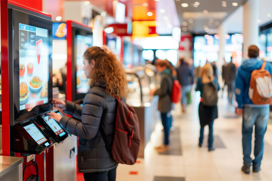 Customer using self service kiosk in fast food restaurant .
