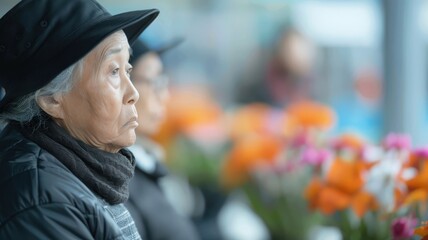 A grieving person offers a solemn bow at a funeral.
