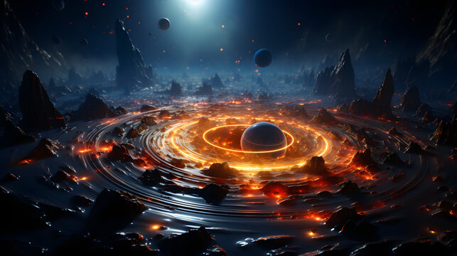 A dark, alien landscape with a glowing orange ring around a large black sphere. The sphere casts an eerie glow over the rocky,  volcanic terrain.