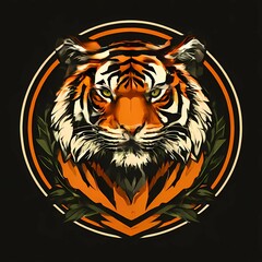 Tiger centered within a badge, fierce gaze, strong curvature of the word "Save" above the badge, "The Tiger" arched below, vector logo, angular and clean lines, in supporting wildlife conservation the