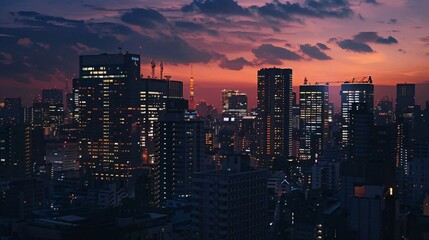 A panoramic view of Tokyo's skyline at sunset, showcasing illuminated skyscrapers against a backdrop of colorful clouds