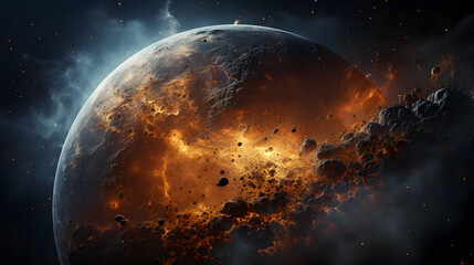 A fiery, apocalyptic planet is consumed by asteroids, a spectacle of cosmic destruction.