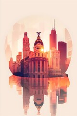 Fototapeta premium Elegant urban landscape, classical and modern skyscrapers blend seamlessly with a golden sunset reflection, creating a surreal and dreamlike atmosphere.