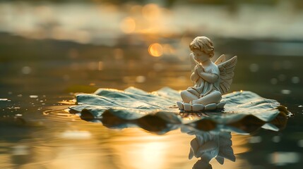 Little ceramic angel sits praying on a leaf in the silent lake at sunset, background image for...