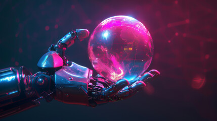 Robotic hand holding a glowing holographic globe, dark background, neon accents, cyberpunk, 3D rendering