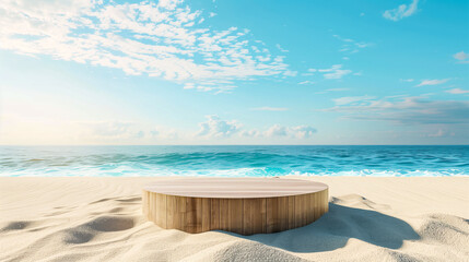 Sunny beach with a round wooden platform