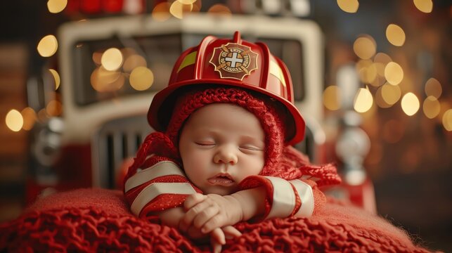 Newborn dressed as a tiny firefighter, sleeping in a small fire truck prop with a city background.