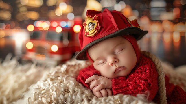 Newborn dressed as a tiny firefighter, sleeping in a small fire truck prop with a city background.