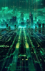 Fototapeta premium Futuristic Smart Cyber City illustration: Innovative Urban Landscape, futuristic technology and cyber punk concept, Graphic Resources, Wallpapers, Brochure, Websites, banner, Advertising, background