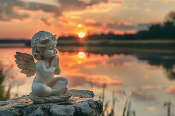 Little ceramic angel sits praying on a rock in the silent lake at sunset, background image for...