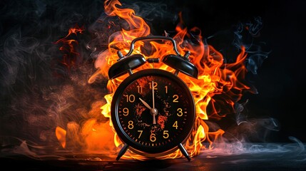 Classic Black Twin-Bell Alarm Clock on Fire - Symbol of Urgency and Danger