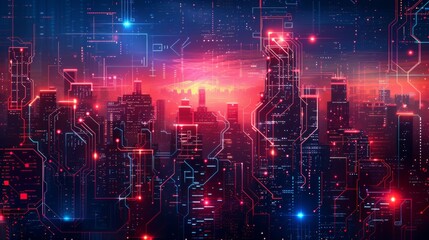 Fototapeta premium Futuristic Smart Cyber City illustration: Innovative Urban Landscape, futuristic technology and cyber punk concept, Graphic Resources, Wallpapers, Brochure, Websites, banner, Advertising, background